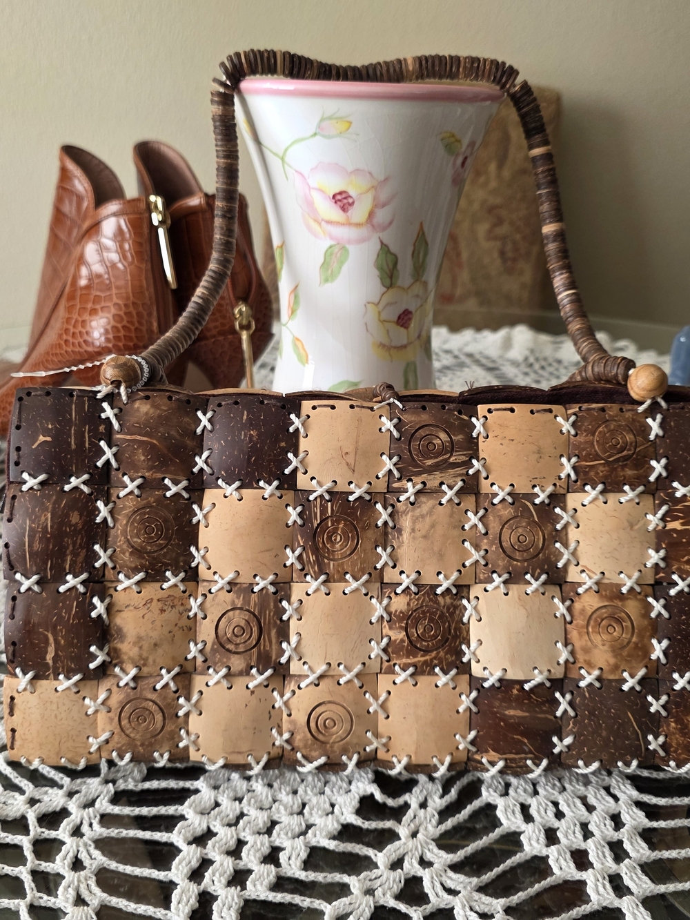 Coconut Shell Checkerboard Handbag Wooden Beaded Handle Boho Artisan Purse - Picture 5 of 8